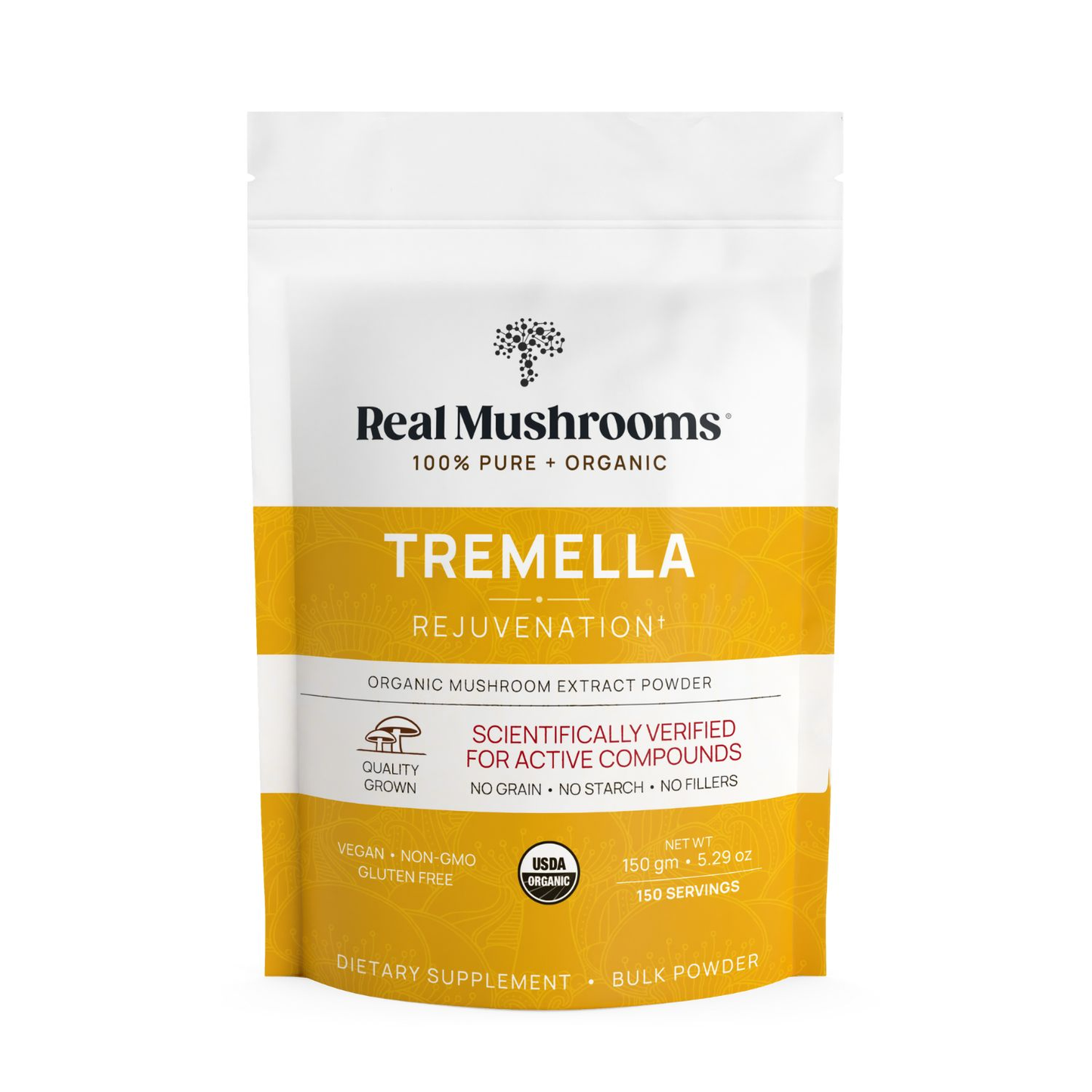 A white and yellow pouch labeled "Real Mushrooms Organic Tremella Extract Powder" features organic Tremella extract to support skin, hair, and nail health, with product claims and certification logos displayed.