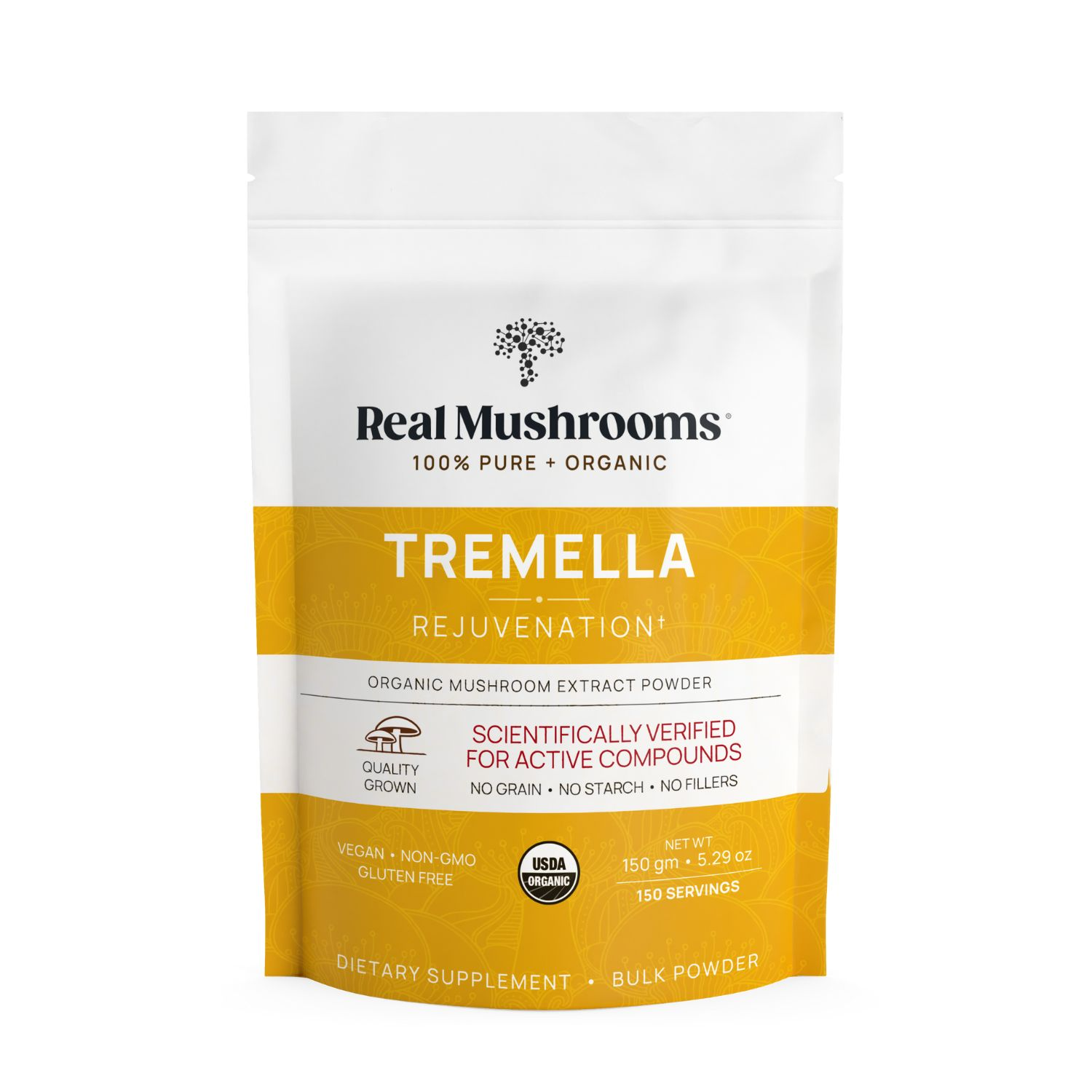 A white and yellow pouch labeled "Real Mushrooms Organic Tremella Extract Powder" features organic Tremella extract to support skin, hair, and nail health, with product claims and certification logos displayed.