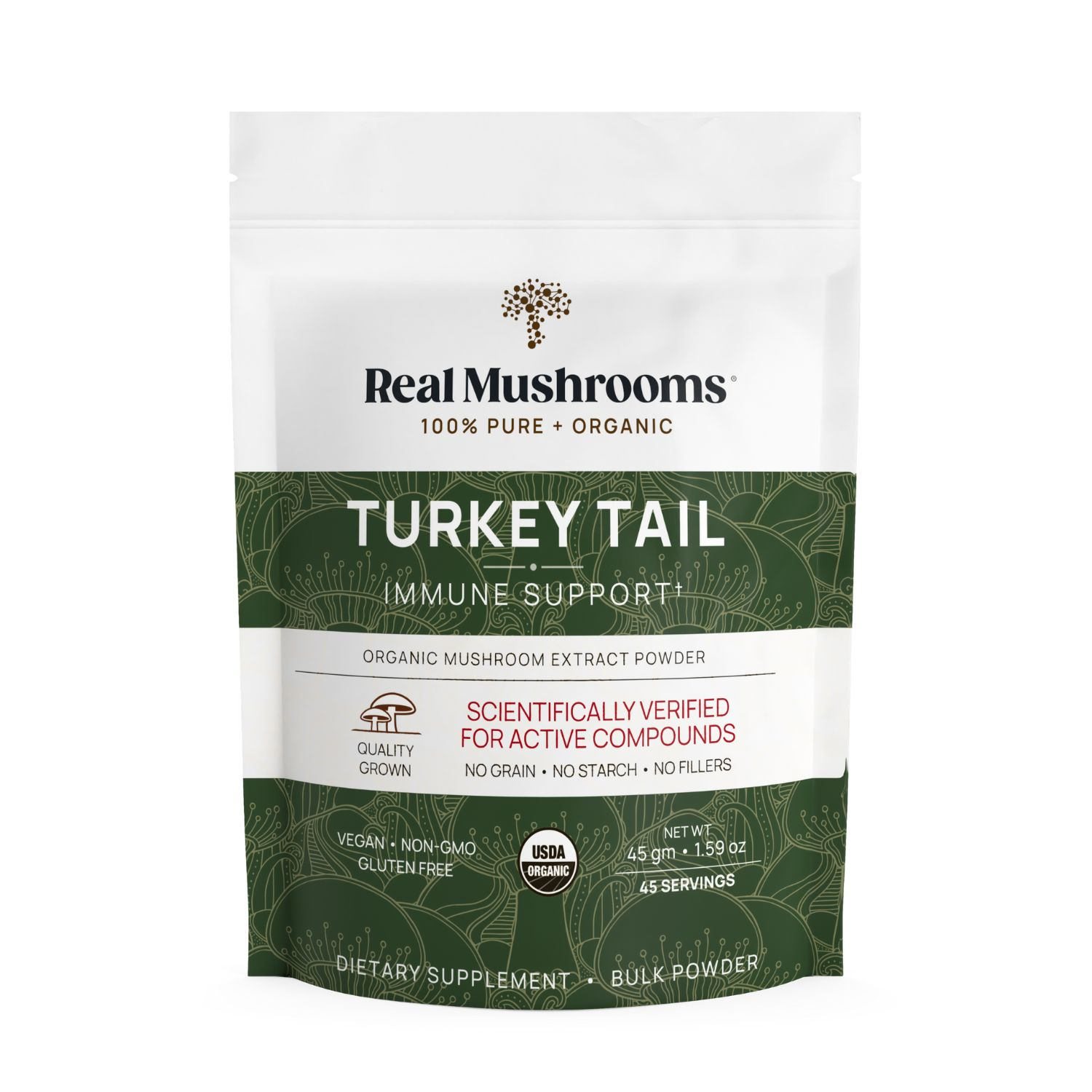 Real Mushrooms Turkey Tail Extract - Bulk Powder is a gluten-free, vegan product scientifically verified for active compounds to support immune health.
