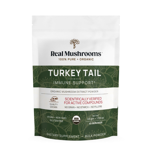Real Mushrooms Turkey Tail Extract - Bulk Powder is a gluten-free, vegan product scientifically verified for active compounds to support immune health.