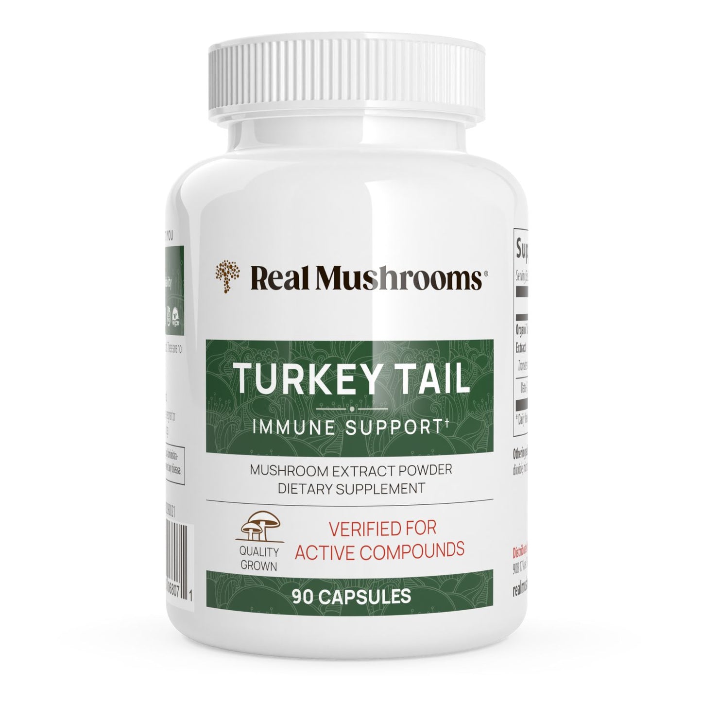 A white bottle labeled "Real Mushrooms Turkey Tail Mushroom Capsules," contains 90 capsules of turkey tail mushroom extract with beta-glucans for daily immune support.