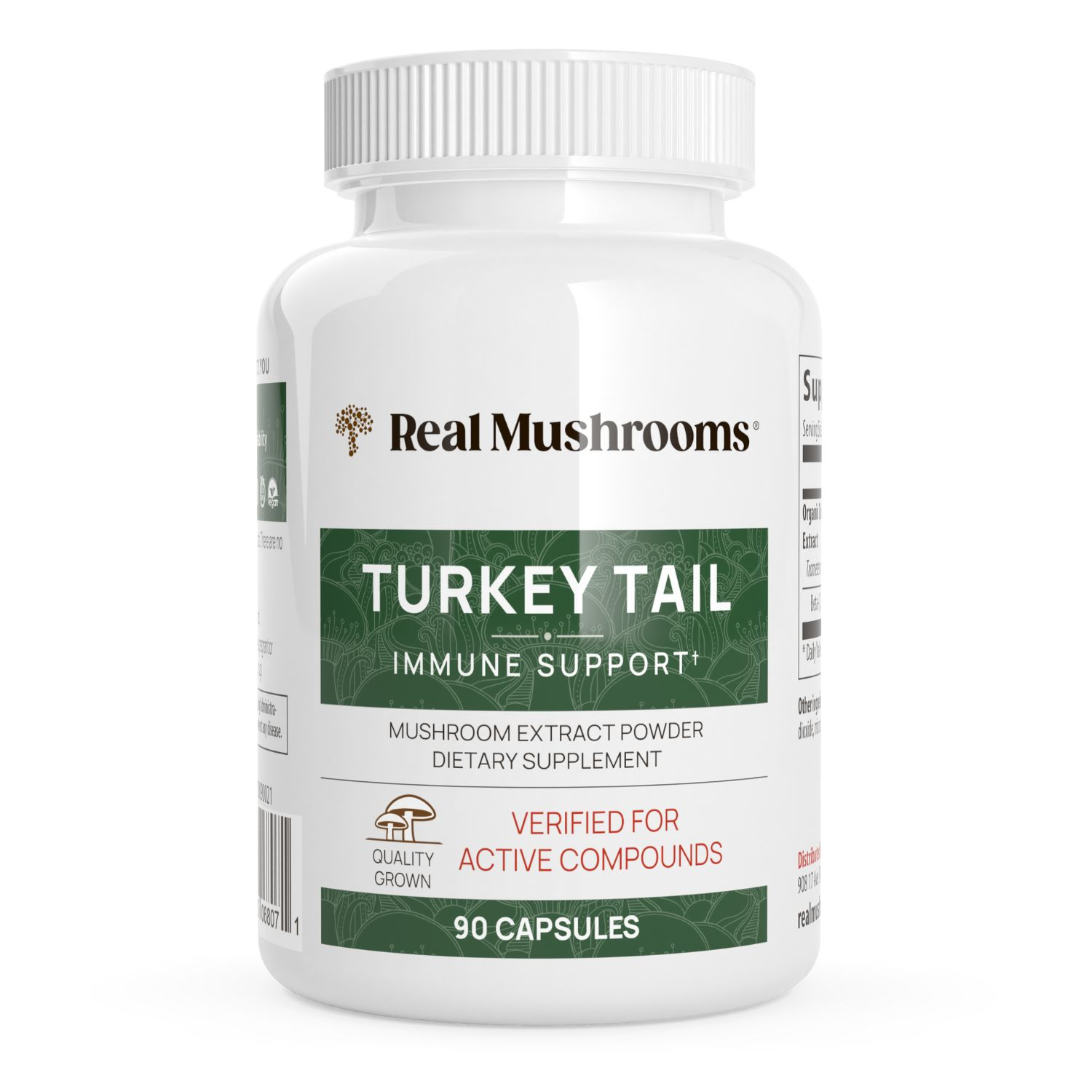 A white bottle labeled “Real Mushrooms Turkey Tail Mushroom Capsules,” containing 90 capsules made with mushroom extract powder rich in beta-glucans, designed to help support a healthy immune system.