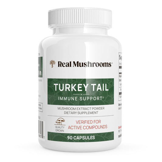 A white bottle labeled "Real Mushrooms Turkey Tail Mushroom Capsules," contains 90 capsules of turkey tail mushroom extract with beta-glucans for daily immune support.