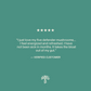 A customer review on a green background gives five stars to Real Mushrooms 5 Defenders® Organic Mushroom Complex – Bulk Powder for boosting energy, reducing bloating, and preventing illness; a tree logo appears at the bottom.