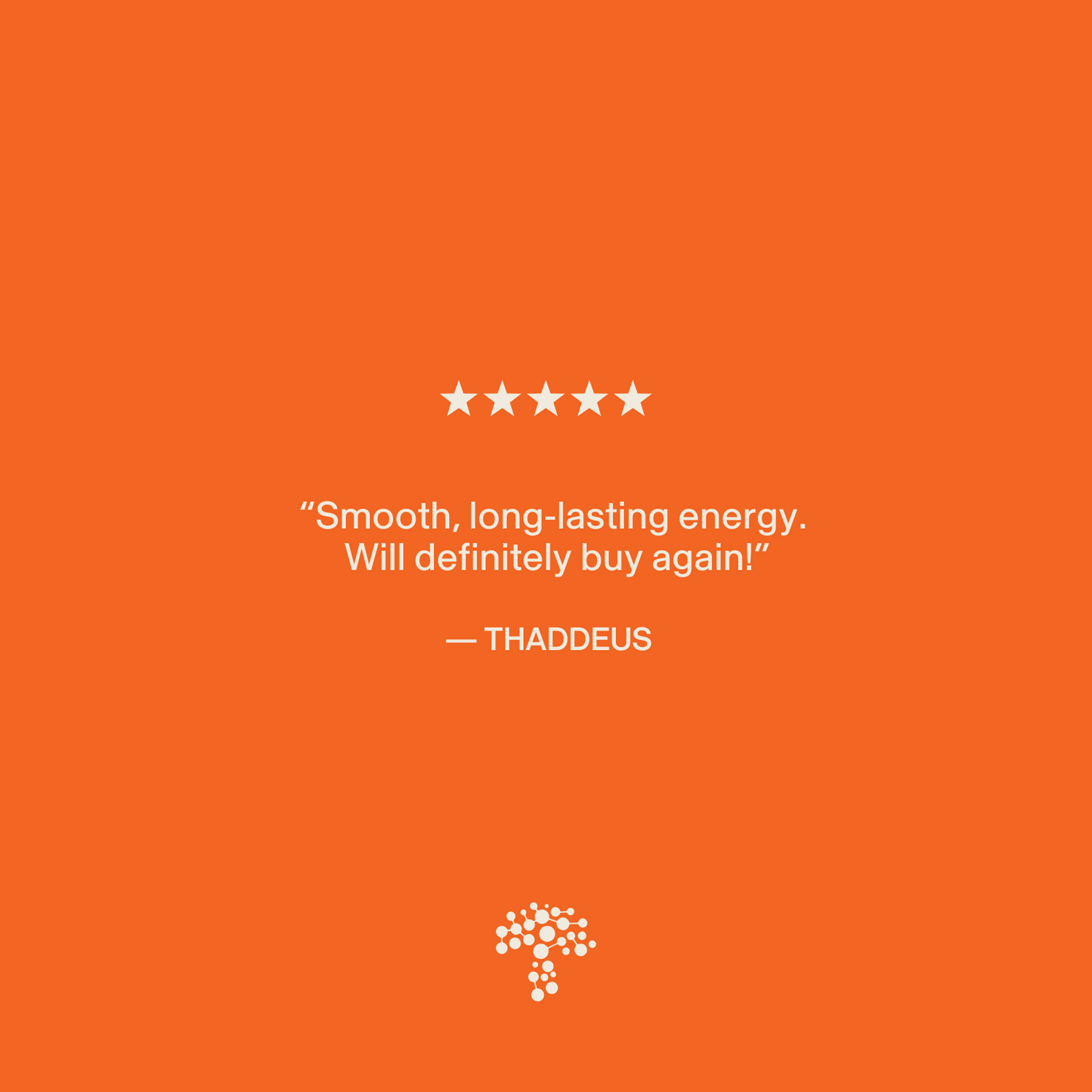 An orange background with five white stars, a customer review saying “Smooth, long-lasting energy from the guayusa extract in RealBoost. Will definitely buy again!” by Thaddeus, and a Real Mushrooms tree logo at the bottom.