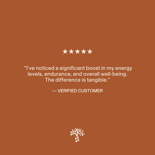 White text on brown shows a verified five-star review for Real Mushrooms Organic Cordyceps Extract Capsules, praising increased stamina, energy, and well-being. A small tree logo is displayed at the bottom.