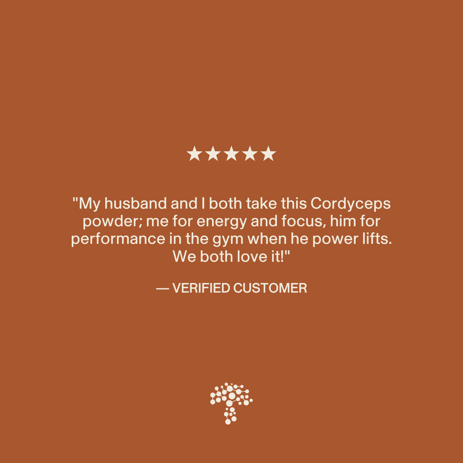 A five-star review on a brown background praises Real Mushrooms Organic Cordyceps Mushroom Extract Powder – Bulk Supplement for boosting energy, focus, and gym stamina, featuring a tree logo at the bottom.