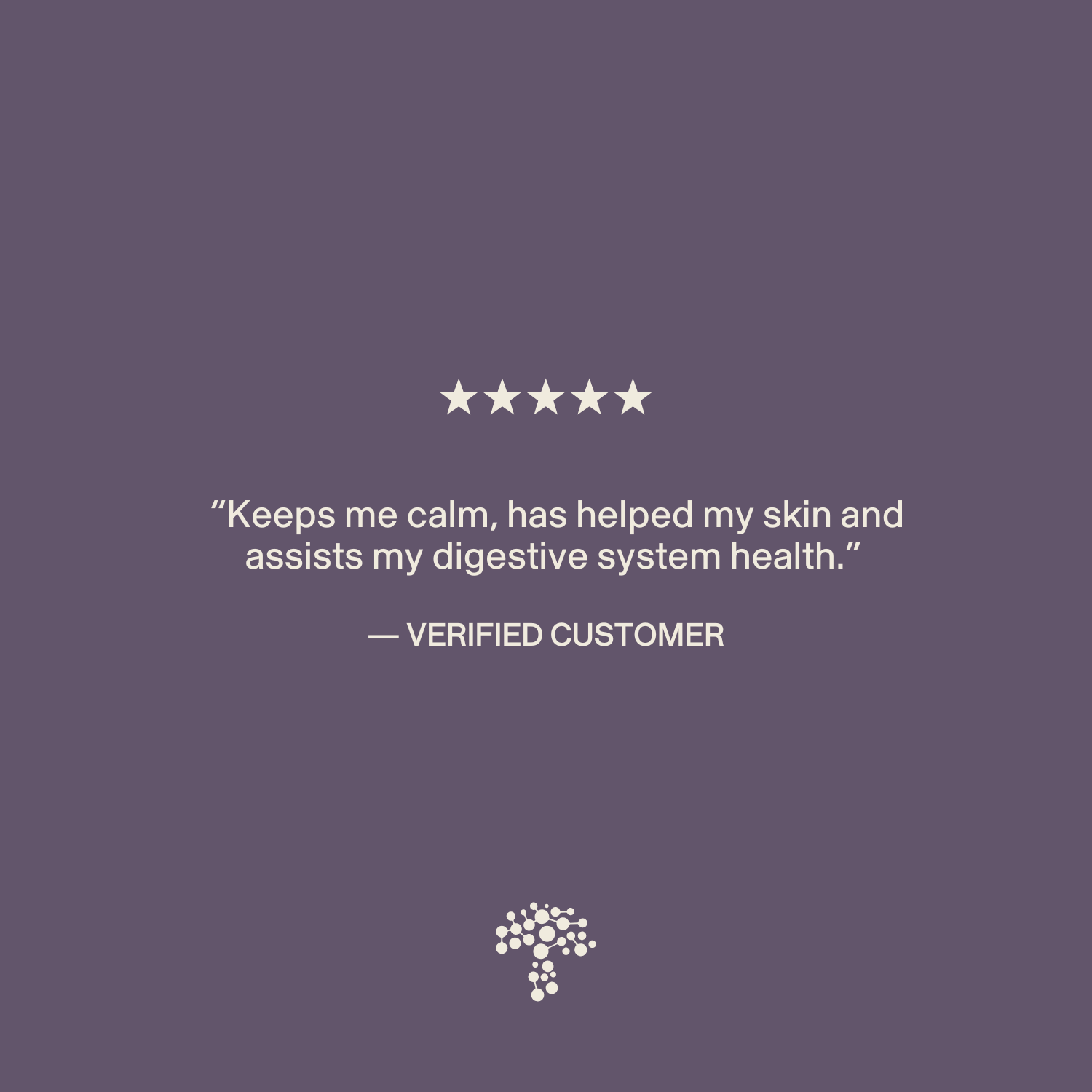 A five-star review for Real Mushrooms Organic Chaga Extract Capsules says: "Keeps me calm, helps my skin, supports my digestive system—fantastic immune boost!" Set on a purple background with a small tree logo at the bottom.