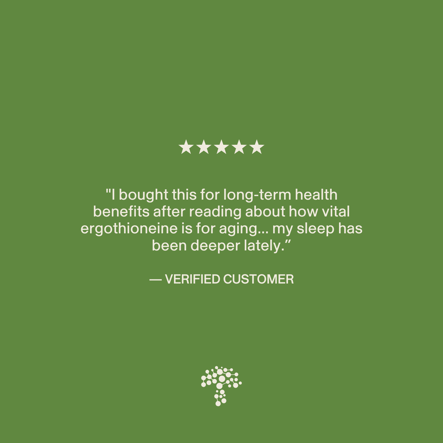 A customer review on a green background features improved sleep and health after using Real Mushrooms Ergo+ Ergothioneine Supplement. A white tree logo appears at the bottom.