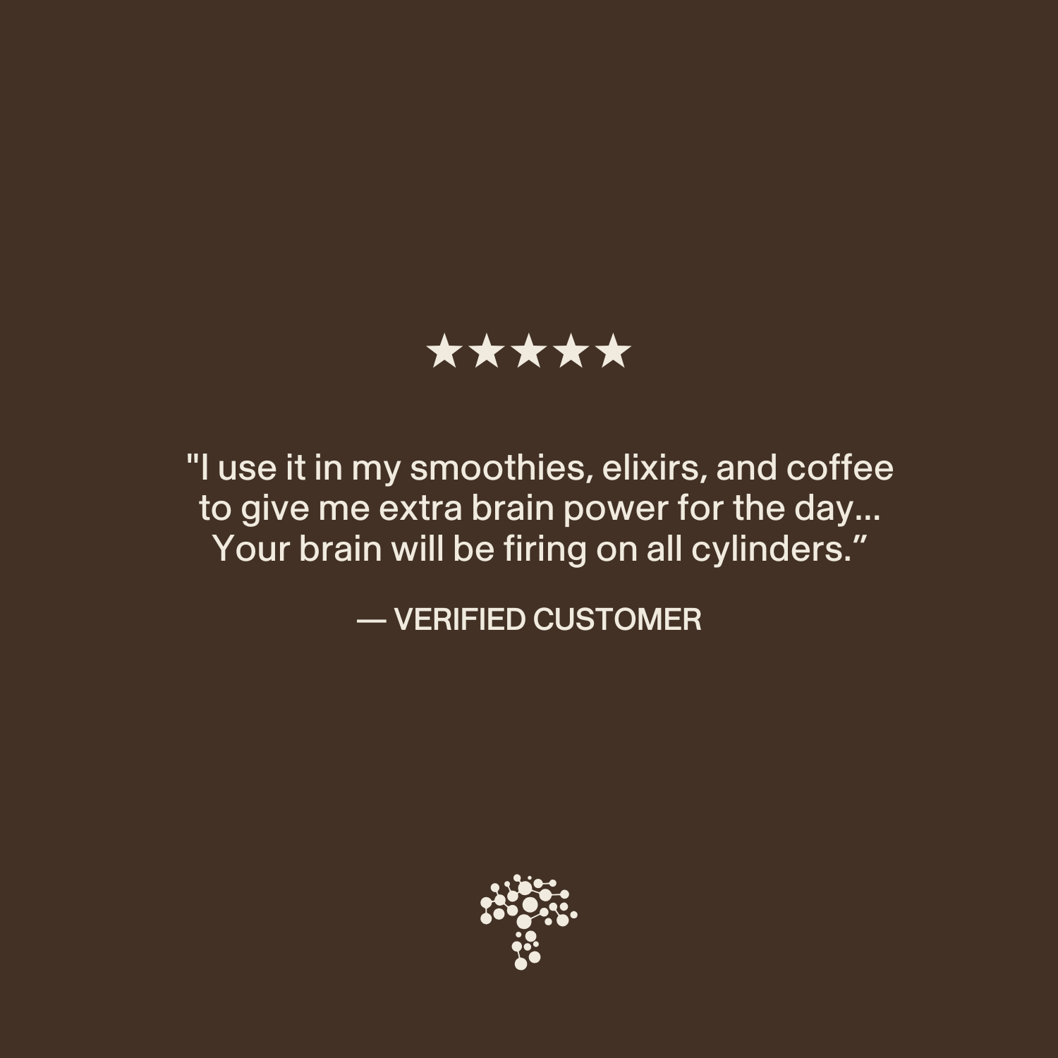 A five-star review says Real Mushrooms Lion’s Mane Mushroom Powder boosts brain power and immune health when added to smoothies, elixirs, or coffee; package features a small tree logo at the bottom.