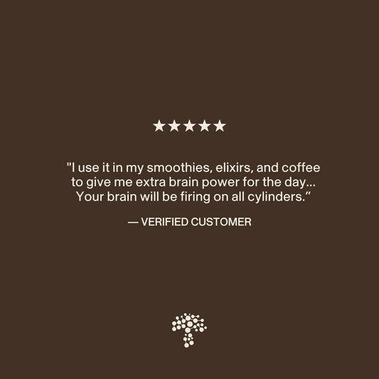 A five-star review says Real Mushrooms Lion’s Mane Mushroom Powder boosts brain power and immune health when added to smoothies, elixirs, or coffee; package features a small tree logo at the bottom.