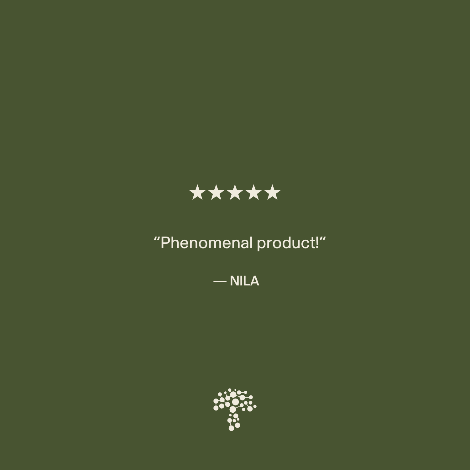 Five-star rating with the text "Phenomenal product!" from Nila, on a dark green background with a small tree logo at the bottom, highlighting Real Mushrooms’ Organic Maitake Mushroom Powder – Bulk Extract.