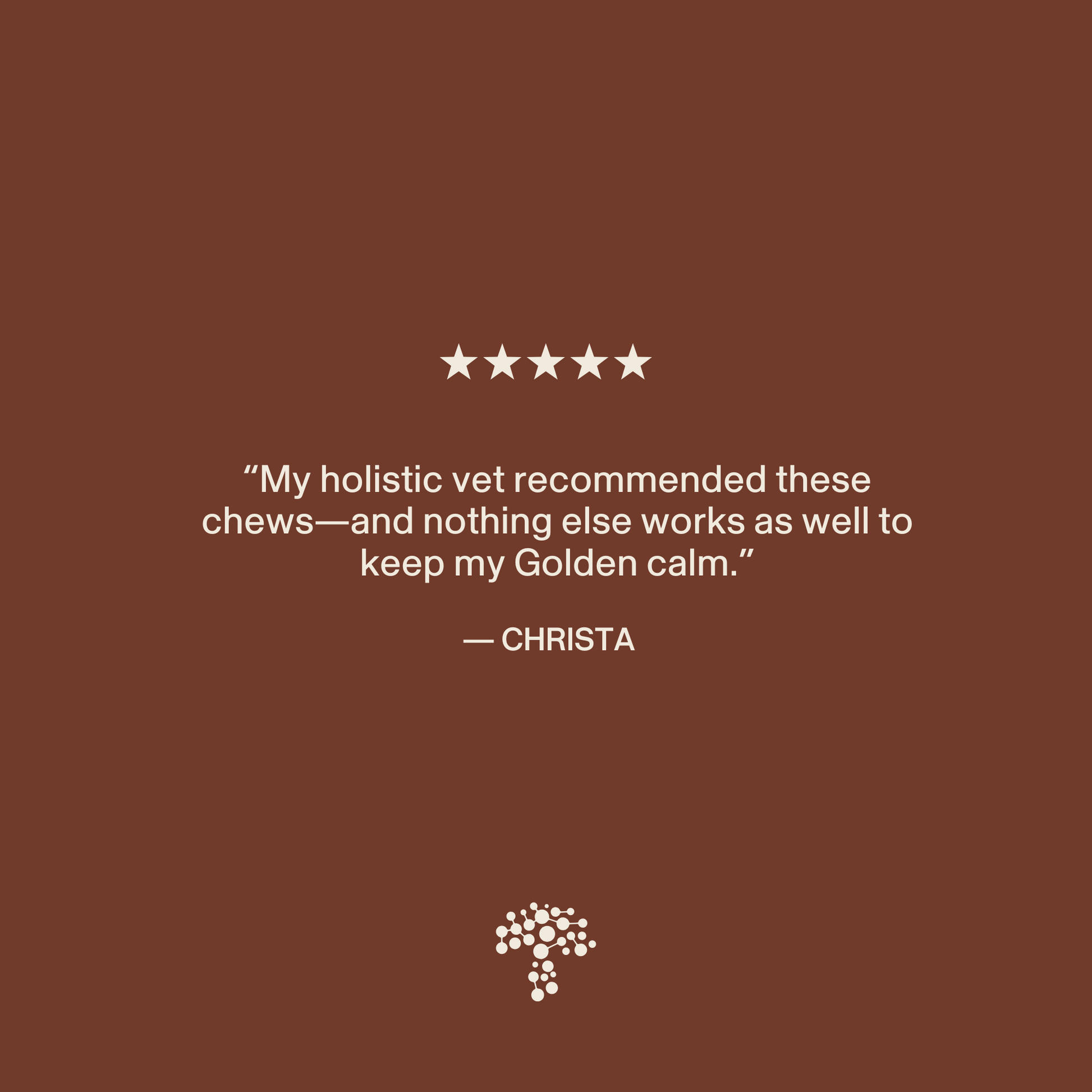 A five-star customer review reads: “My holistic vet recommended Real Mushrooms Mushroom Relax Pet Chews—and nothing else works as well to keep my Golden calm.” — Christa. Tree logo at the bottom.