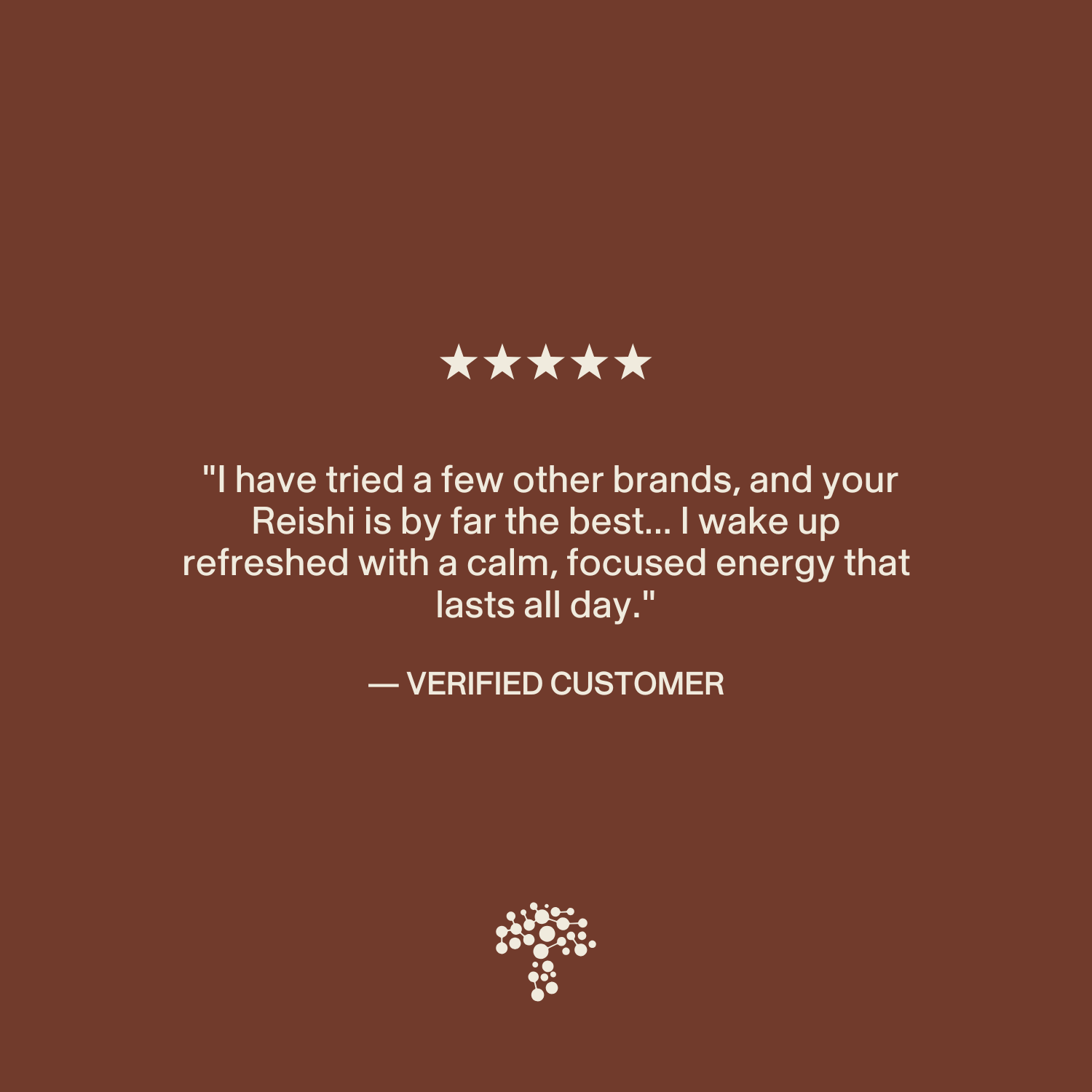 A five-star review praises Real Mushrooms Organic Reishi Mushroom Capsules for providing calm, focused energy that lasts all day. White text appears on a brown background with a small tree logo at the bottom.
