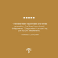 Five-star customer review on a brown background praising Real Mushrooms Organic Tremella Extract Capsules for rejuvenating skin and reducing fine lines, attributed to a verified customer. Brand logo featured at the bottom.