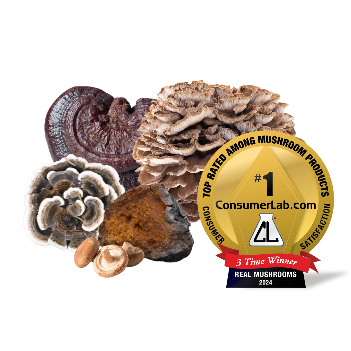 Displayed with a "ConsumerLab.com #1" award badge for top-rated mushroom products in 2024, the 5 Defenders Organic Mushroom Complex – Bulk Powder by Real Mushrooms, made with USDA Certified Organic ingredients, is celebrated for its rich Beta-glucans content.