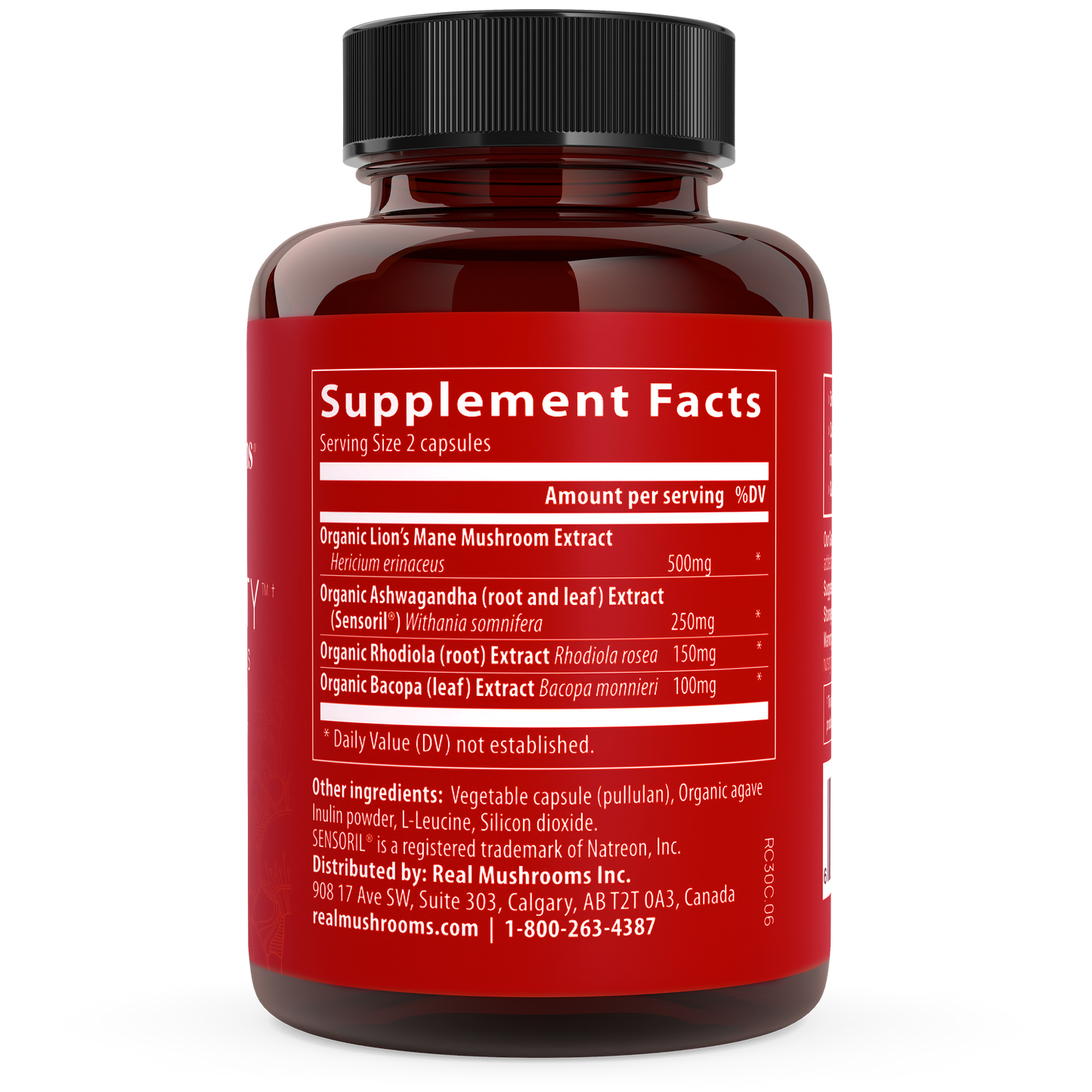 A bottle of RealClarity by Real Mushrooms, featuring a red design and a white label displaying the supplement facts, contains extracts of Lion's Mane mushroom, Ashwagandha Root, Rhodiola Root, and Bacopa Leaf. The serving size is 2 capsules.