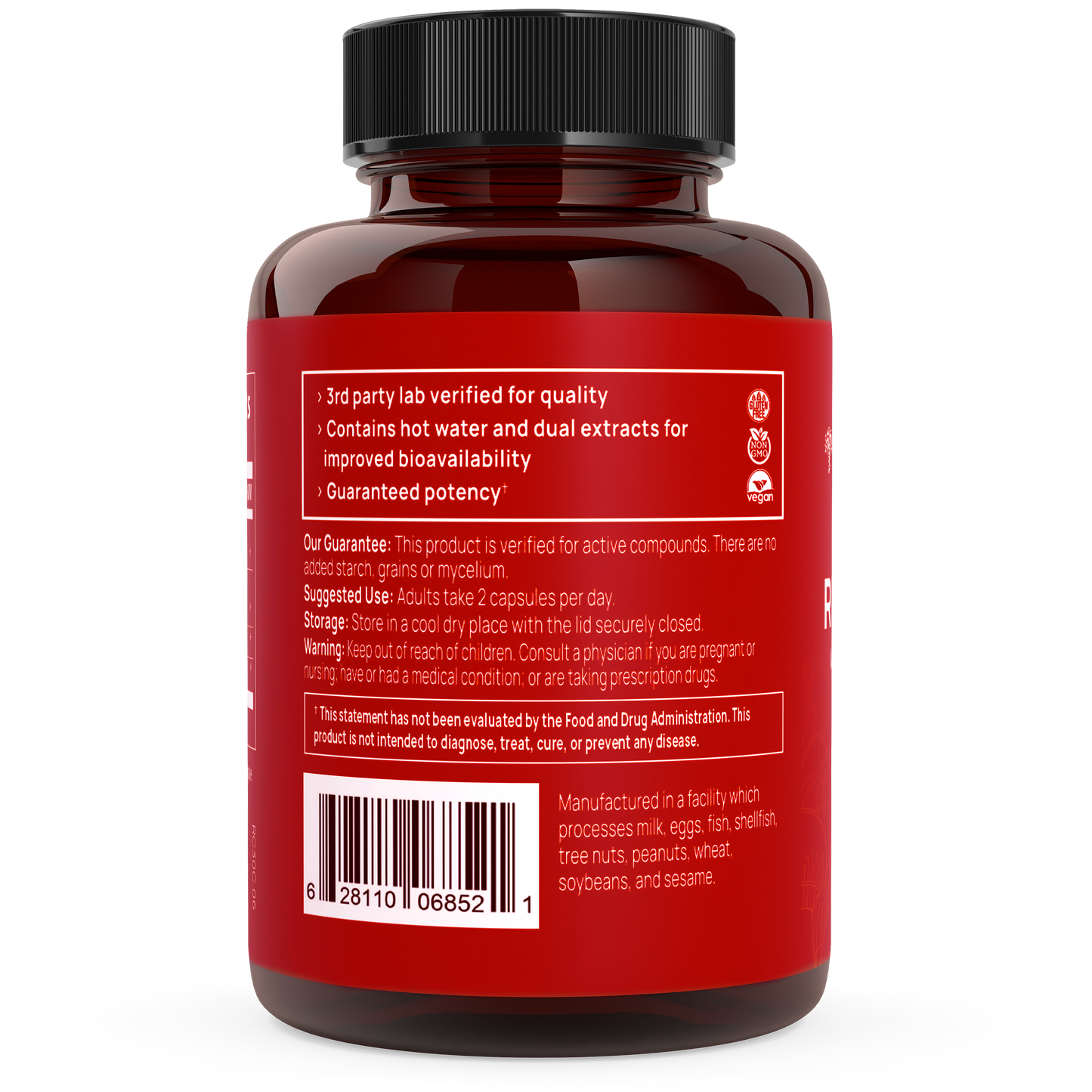 A bottle labeled with "RealClarity" displays product information and instructions, including directions for use, usage warnings, and quality verification details. This supplement, from the brand "Real Mushrooms," features powerful botanicals like Ashwagandha alongside Lion's Mane, Rhodiola, and Bacopa.