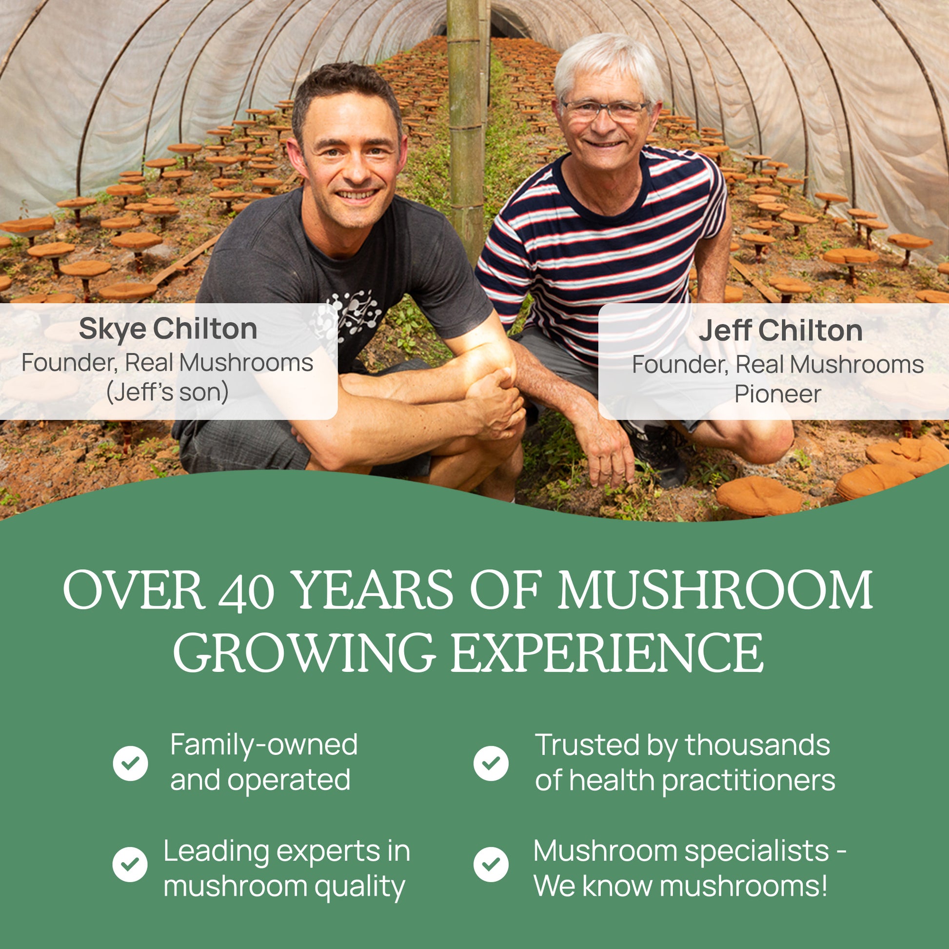 Sentence with product and brand name: "Two men smiling inside a Real Mushrooms growing facility, one older and identified as a pioneer in the field, the other younger and his son, with text highlighting over 40 years of experience in organic mushroom cultivation using 5 Defenders Organic Mushroom Blend Capsules.
