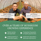 Sentence with product and brand name: "Two men smiling inside a Real Mushrooms growing facility, one older and identified as a pioneer in the field, the other younger and his son, with text highlighting over 40 years of experience in organic mushroom cultivation using 5 Defenders Organic Mushroom Blend Capsules.