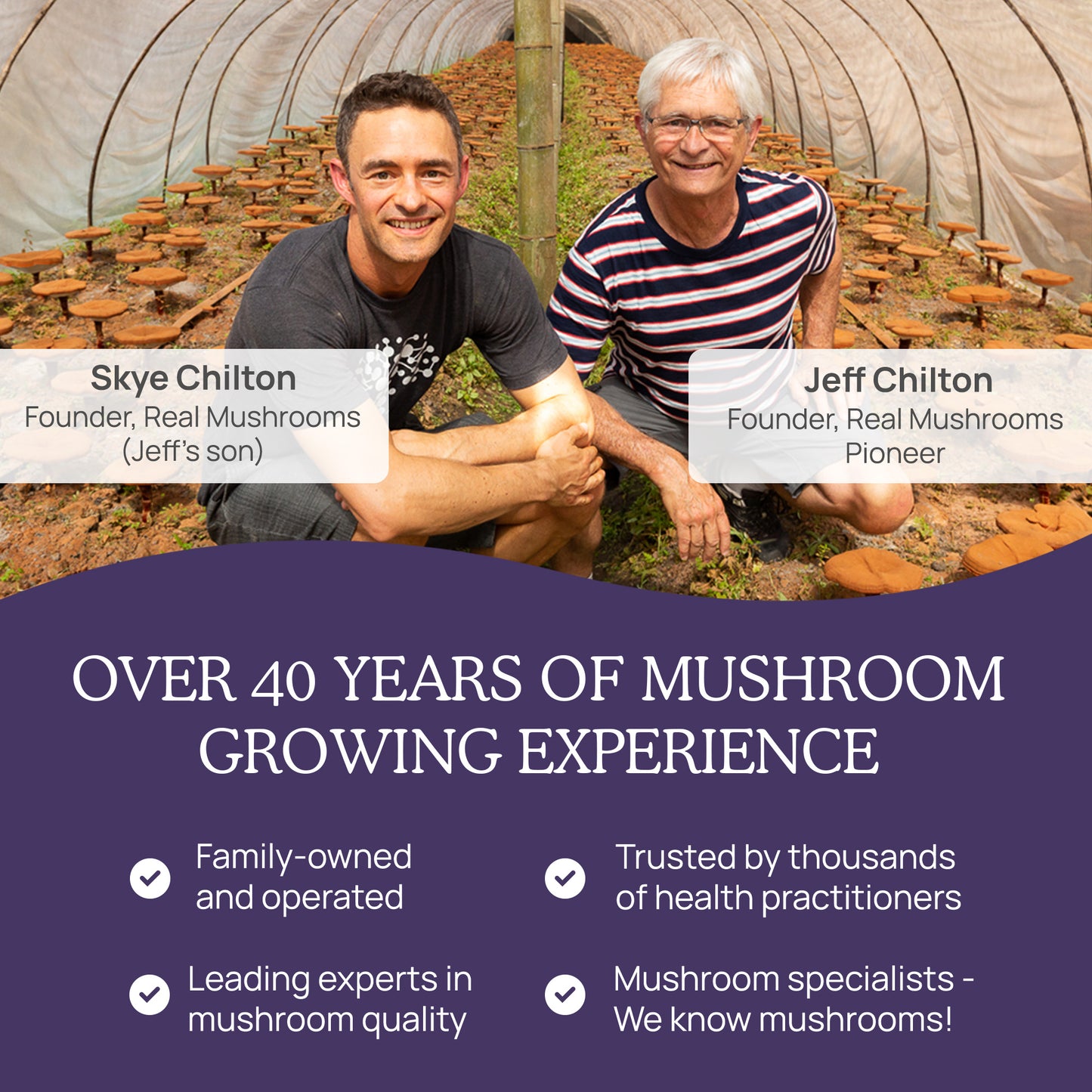 Two men smiling inside a Mushroom D2Z growing facility, with text highlighting their expertise and experience in the organic extracts from Reishi and Chaga mushrooms, over 40 years of growing experience, and promoting their family