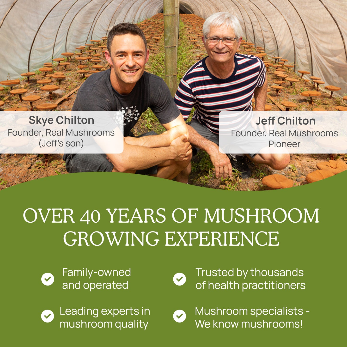 Two men smiling inside Real Mushrooms' certified organic mushroom growing facility, with text highlighting over 40 years of mushroom growing experience and their roles in a family-owned business.