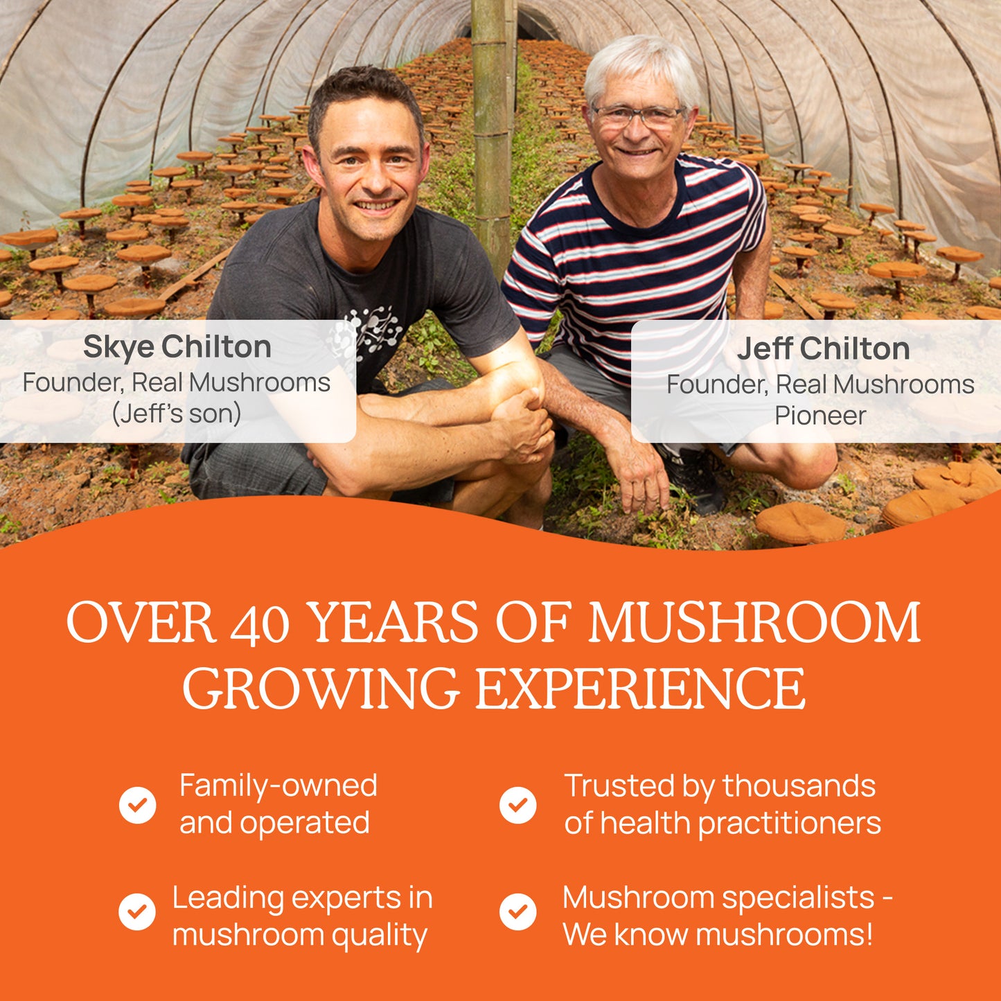 Two men, identified as Skye Chilton and Jeff Chilton, founders of Real Mushrooms, smiling inside a mushroom growing facility with text highlighting over 40 years of experience in RealBoost - Cordyceps, Guayusa and Ginseng.