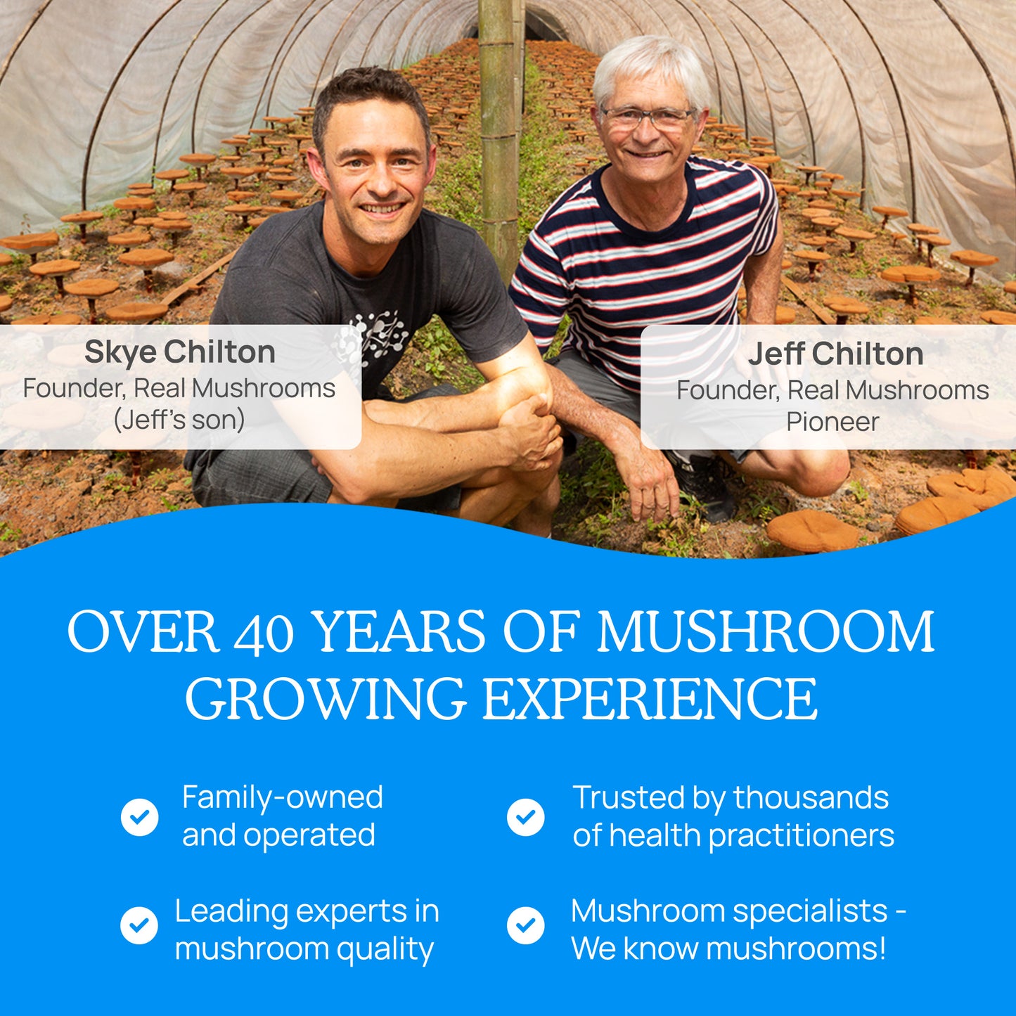 Two individuals, identified as Skye Chilton and Jeff Chilton, founders of Real Mushrooms, are smiling inside a mushroom growing environment, with an overlay highlighting the company's over 40 years of RealRest - Reishi, Valerian and Lemon Balm expertise.