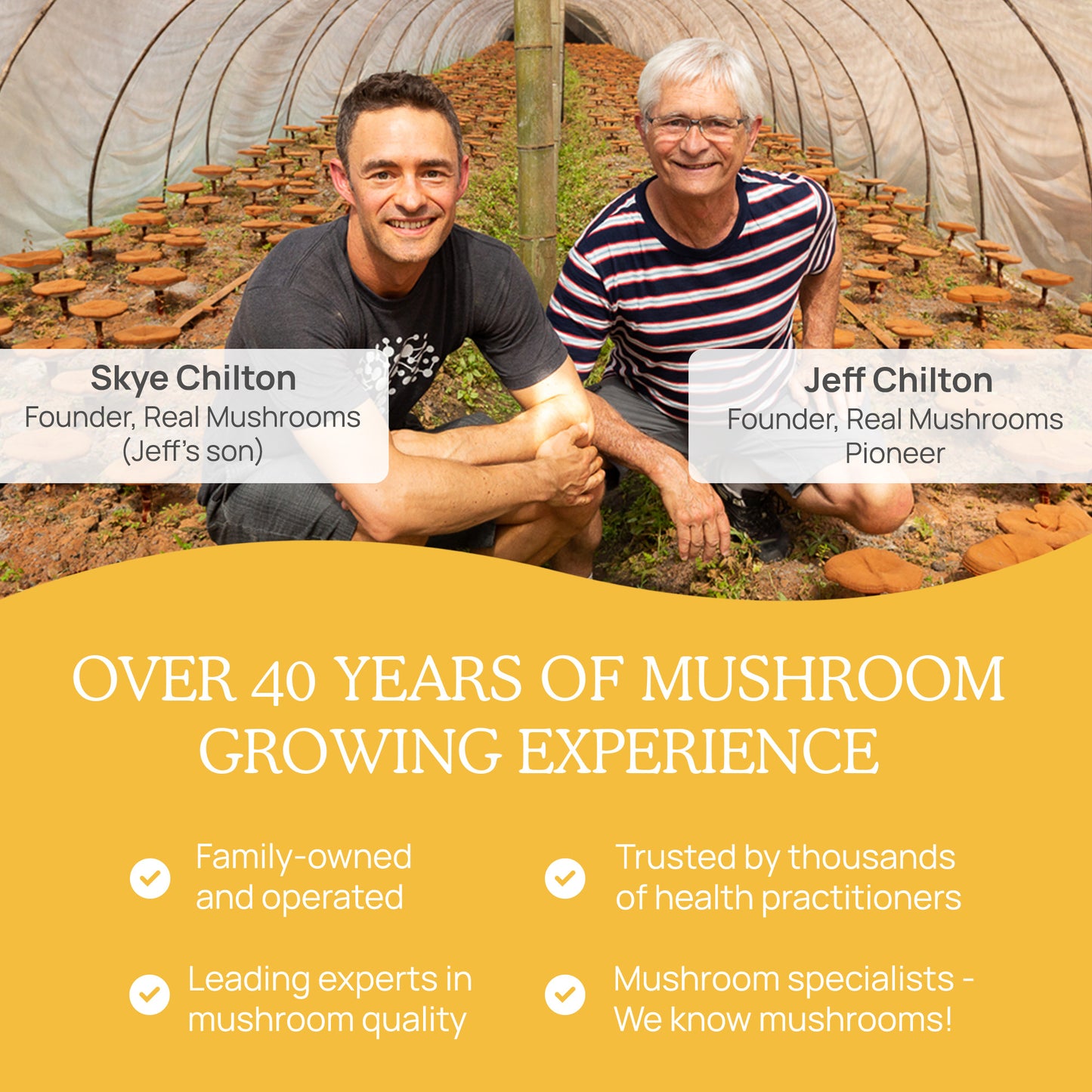 Two individuals, Skye Chilton and Jeff Chilton, smiling inside a greenhouse with cultivated mushrooms, including Real Mushrooms Organic Tremella Extract Capsules, promoting over 40 years of experience in mushroom growing and emphasizing