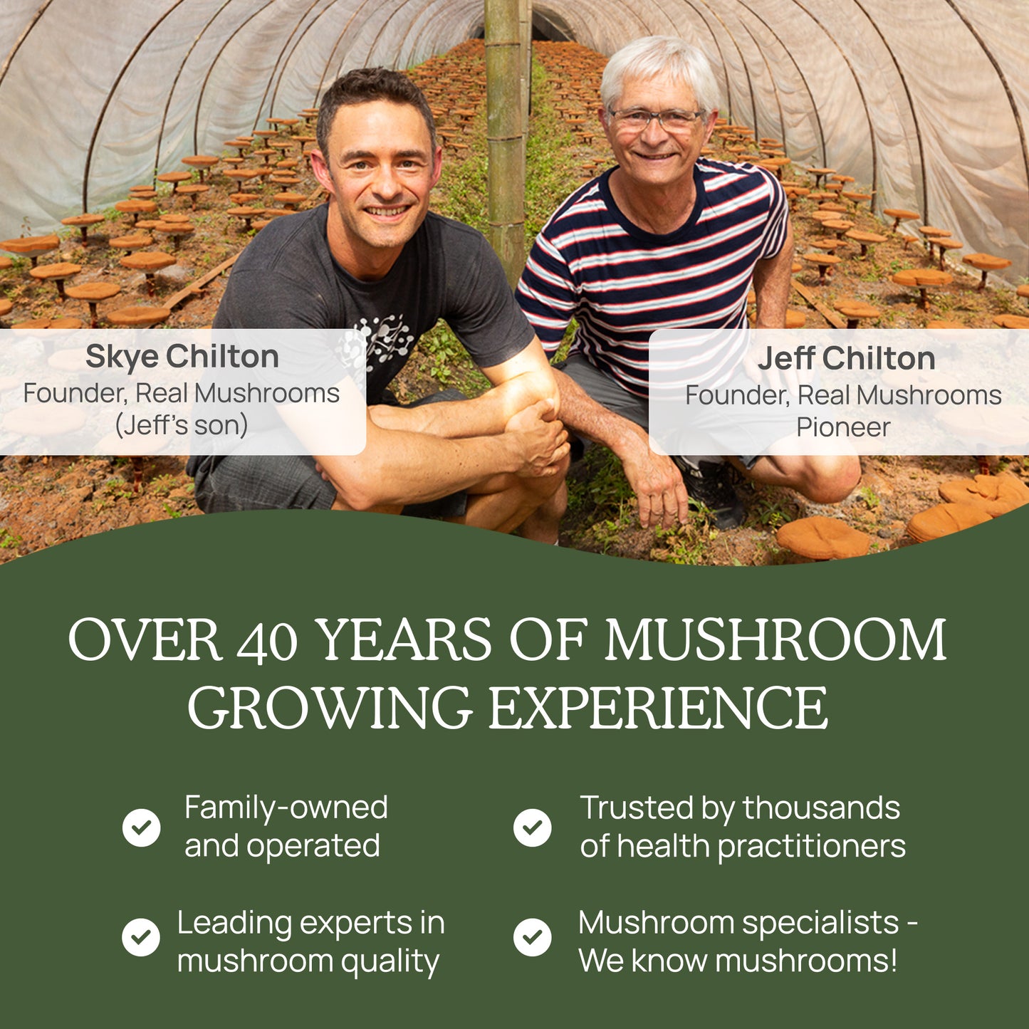 Two men smiling in an organic mushroom growing facility, with text highlighting their expertise and experience in the field of Real Mushrooms' Turkey Tail Mushroom Capsules cultivation.