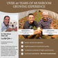 Three individuals with expertise in mushrooms are presented, with two of them holding Real Mushrooms' Organic Lions Mane Mushroom Powder for Pets, alongside a list of their qualifications and the experience of the company in the mushroom industry.