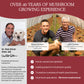 The image is a promotional graphic highlighting the expertise and family-oriented nature of Real Mushrooms' Organic Reishi Mushroom Powder for Pets. It features the founder with over 40 years of experience, another expert with an academic background in organic re