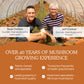 Two men smiling inside an Real Mushrooms organic mushroom growing facility, with text emphasizing their expertise and experience in Organic Cordyceps Extract Capsules cultivation.