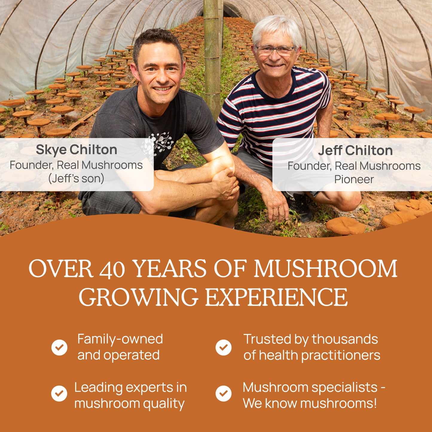 Two men, identified as Skye Chilton and Jeff Chilton, founders of Real Mushrooms, posing inside an organic mushroom growing facility, celebrating over 40 years of experience in mushroom cultivation and expressing joy over their Organic Cordyceps Mushroom Extract Powder – Bulk Supplement.