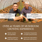 Two men, identified as Skye and Jeff Chilton of Real Mushrooms, smiling inside a mushroom greenhouse surrounded by Lion's Mane mushrooms, with text highlighting over 40 years of experience in mushroom cultivation.