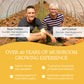 Two men smiling inside a Real Mushrooms organic tremella mushroom growing facility, with text highlighting their expertise and experience in the mushroom cultivation industry.