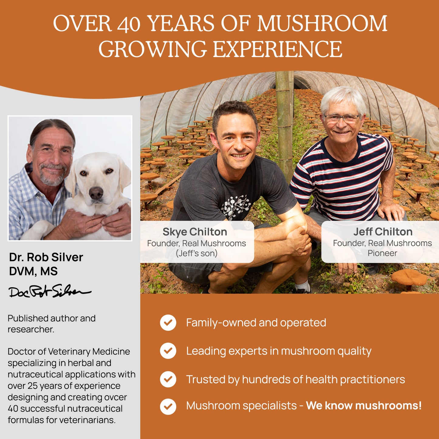 Three individuals associated with a mushroom-growing enterprise, highlighting their experience and contributions in the field of mycology and healthcare, particularly through their work with Real Mushrooms' USDA Certified Organic Cordyceps militaris.