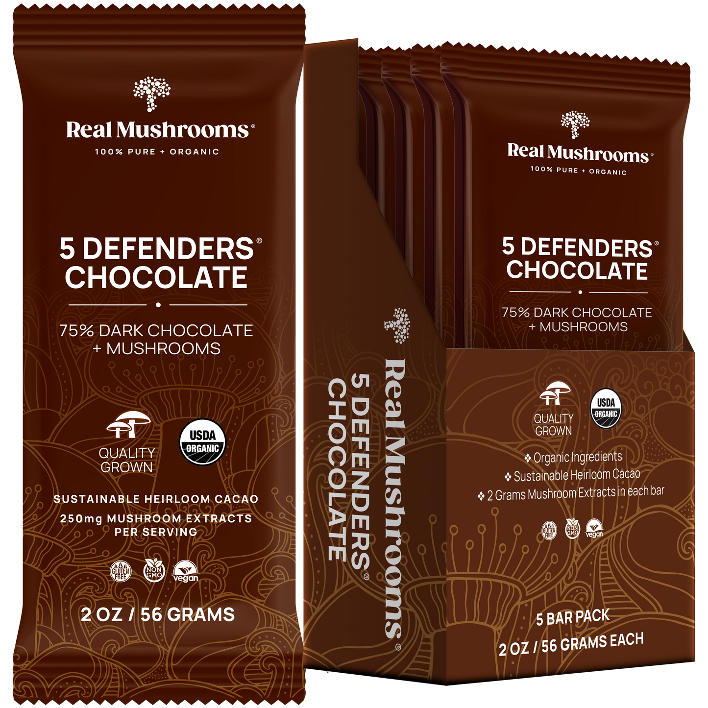 Box of "Mushroom Chocolate Bar - 5 Pack" by Real Mushrooms, crafted with 75% dark chocolate and enhanced with organic mushroom extract. The packaging emphasizes their dedication to organic and sustainable ingredients.