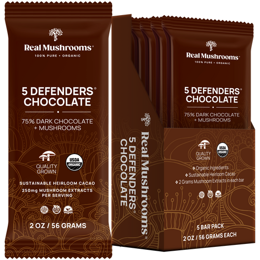 Box of "Mushroom Chocolate Bar - 5 Pack" by Real Mushrooms, crafted with 75% dark chocolate and enhanced with organic mushroom extract. The packaging emphasizes their dedication to organic and sustainable ingredients.