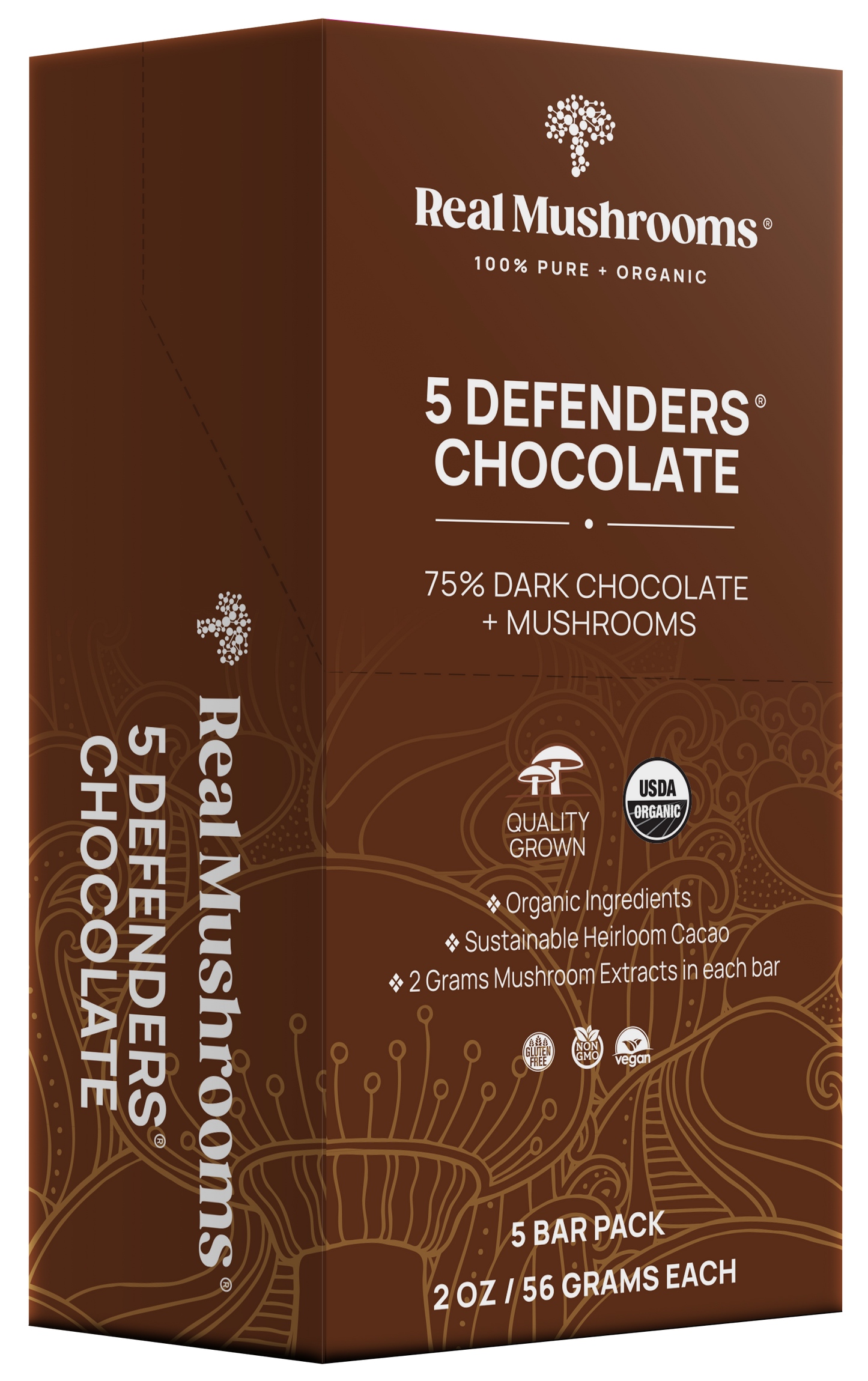 Introducing the Mushroom Chocolate Bar - 5 Pack by Real Mushrooms, featuring 75% dark chocolate infused with organic mushroom extract. Made with vegan ingredients and sustainable cacao, this set includes five bars totaling 56 grams.