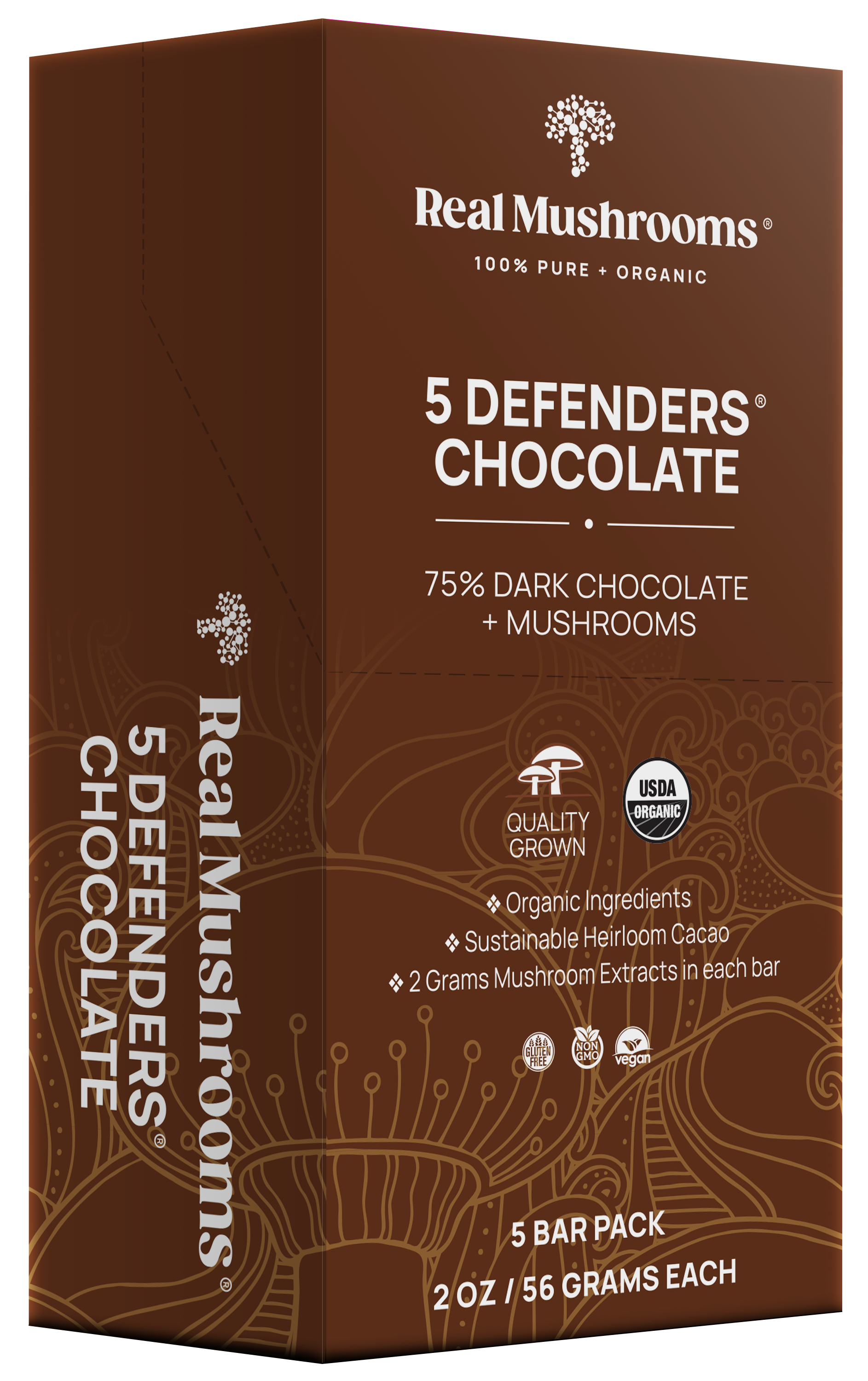 Introducing the Mushroom Chocolate Bar - 5 Pack by Real Mushrooms, featuring 75% dark chocolate infused with organic mushroom extract. Made with vegan ingredients and sustainable cacao, this set includes five bars totaling 56 grams.