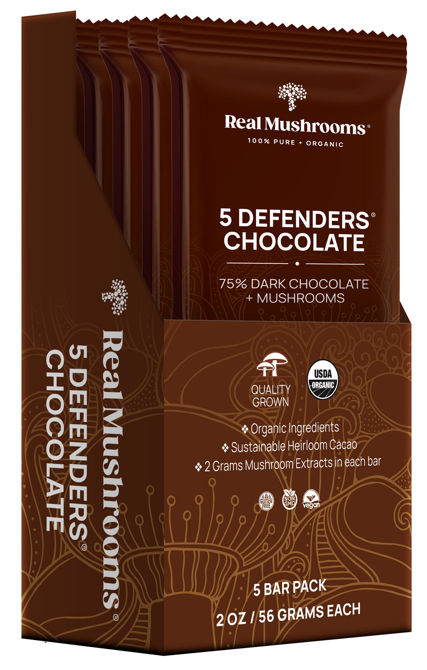 A 5-pack of Mushroom Chocolate Bars by Real Mushrooms, with each vegan bar containing 2 oz (56 grams) of 75% dark chocolate infused with organic mushroom extracts, certified organic and sustainable.