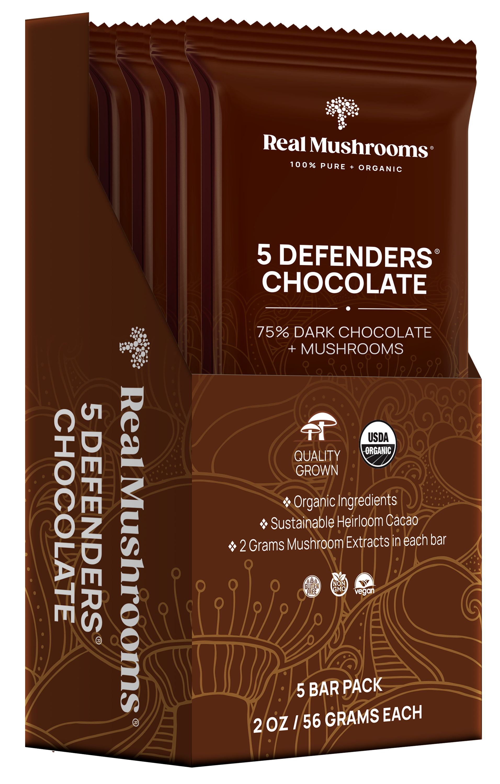 A 5-pack of Mushroom Chocolate Bars by Real Mushrooms, with each vegan bar containing 2 oz (56 grams) of 75% dark chocolate infused with organic mushroom extracts, certified organic and sustainable.