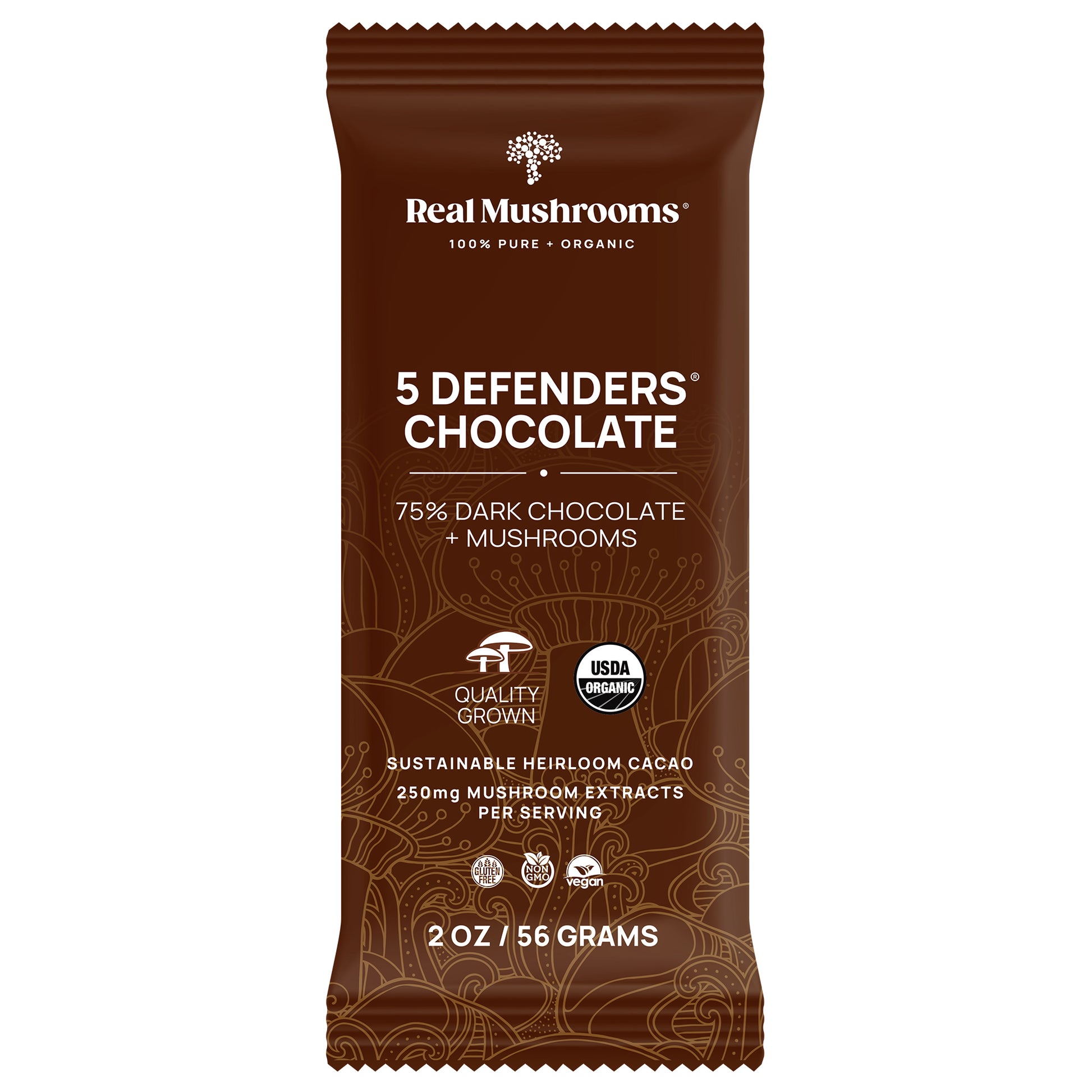 The packaging for Real Mushrooms' "Mushroom Chocolate Bar - 5 Pack" showcases sustainable heirloom cacao with a rich 75% dark chocolate, enhanced by organic mushroom extract. Each 2 oz (56g) bar is marked with USDA organic and quality grown symbols.