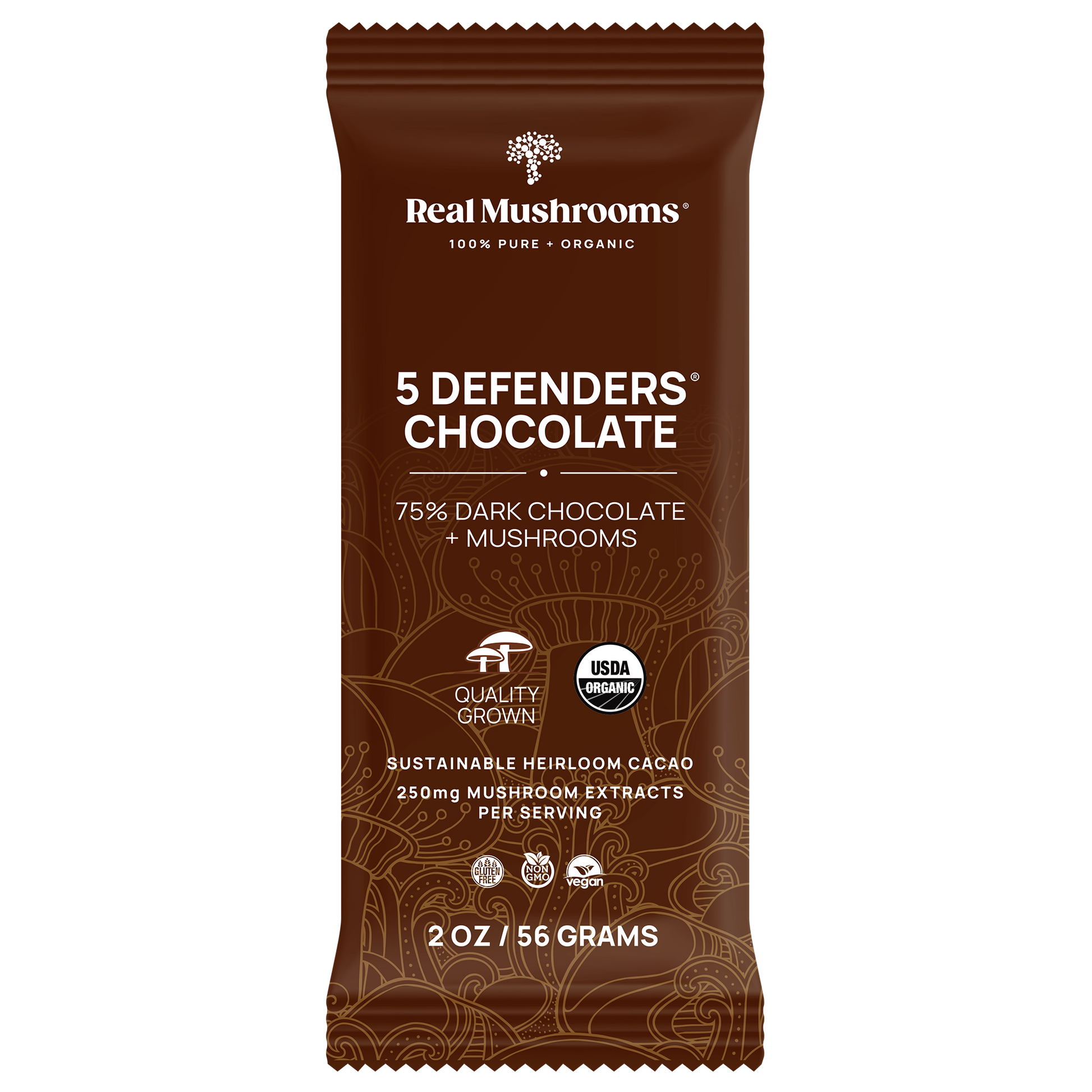 A brown wrapper labeled "Mushroom Chocolate Bar - 5 Pack" by Real Mushrooms features 75% organic dark chocolate and functional mushrooms, with quality certifications. Net weight: 2 oz (56 g). Enjoy the benefits of Mushroom Chocolate Bars.
