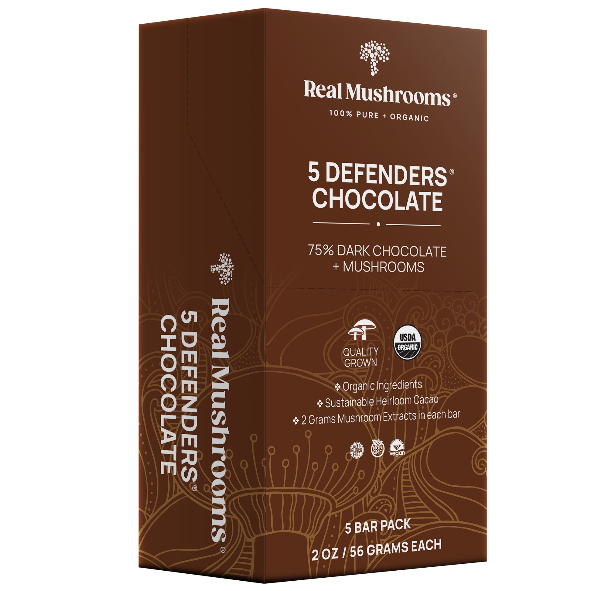 Box of "Mushroom Chocolate Bar - 5 Pack" by Real Mushrooms, crafted with sustainable heirloom cacao and featuring 75% dark chocolate. Infused with organic mushroom extract, each box contains five bars, 2 oz each, offering a delightful and premium-grown indulgence.