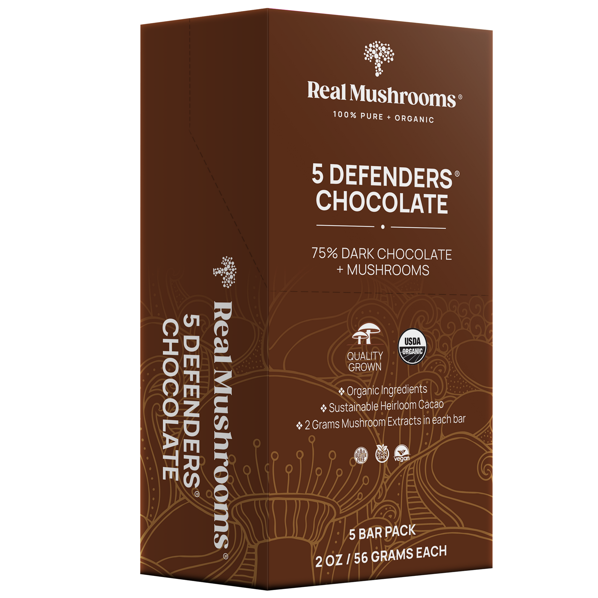 The Real Mushrooms Mushroom Chocolate Bar - 5 Pack includes five 2 oz bars, each made with 75% organic dark chocolate and functional mushrooms.