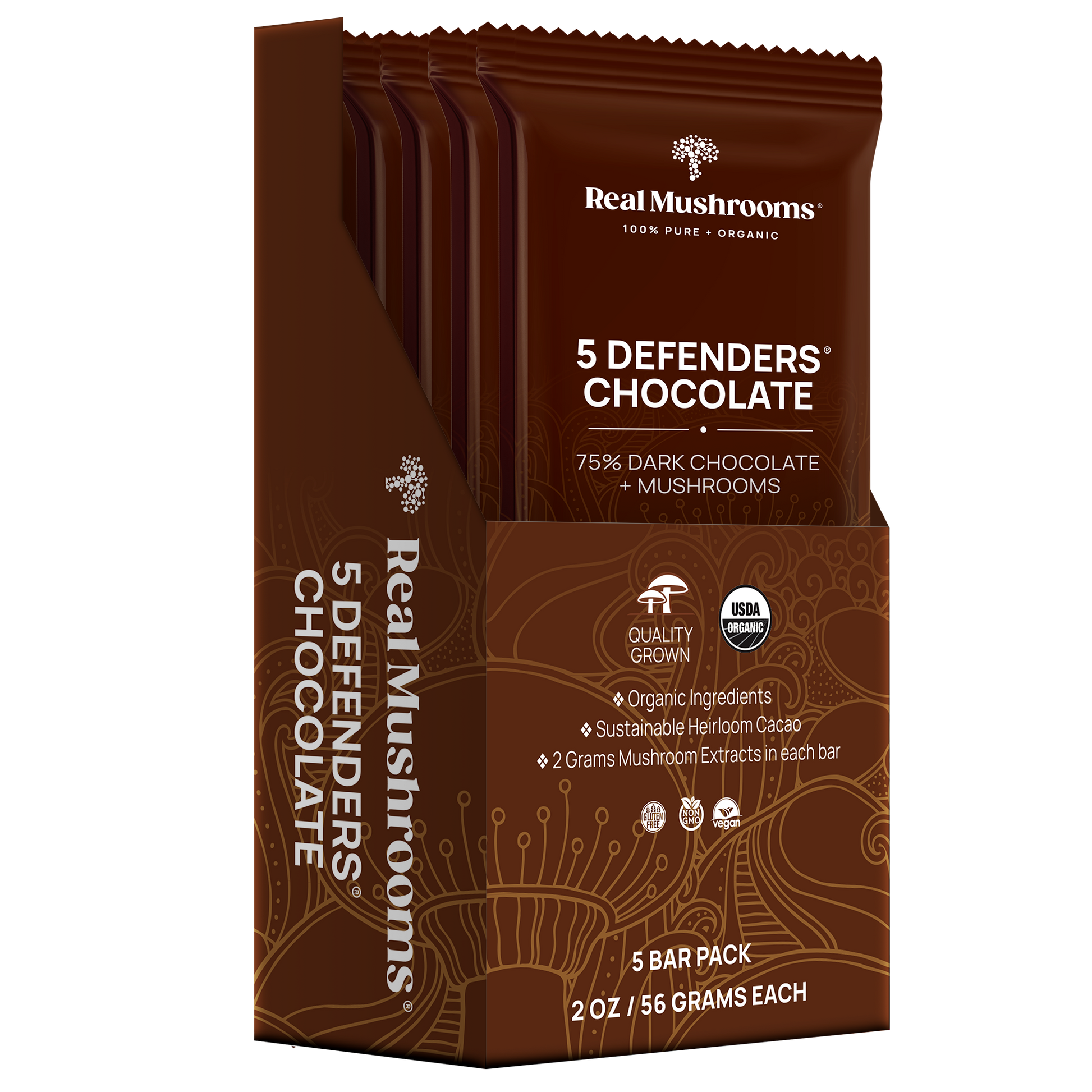 The Mushroom Chocolate Bar - 5 Pack by Real Mushrooms features 75% organic dark chocolate with functional mushrooms. Each pack includes five quality-grown, certified organic bars, each weighing 2 oz.