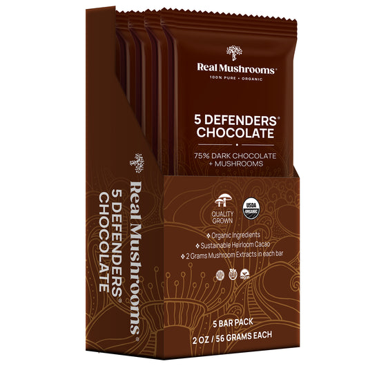 The "Mushroom Chocolate Bar - 5 Pack" by Real Mushrooms includes 75% dark chocolate infused with organic mushroom extract. Each package contains five delectable 2 oz bars made with sustainable cacao, providing a deeply satisfying treat known for its quality ingredients.