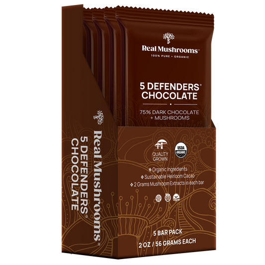 The Mushroom Chocolate Bar - 5 Pack by Real Mushrooms features 75% organic dark chocolate with functional mushrooms. Each pack includes five quality-grown, certified organic bars, each weighing 2 oz.